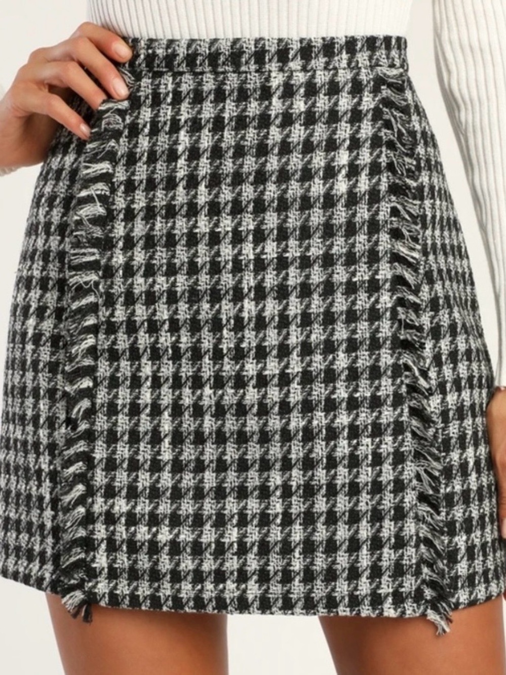 Lulus Houndstooth Fringe Mini Skirt - Black & White